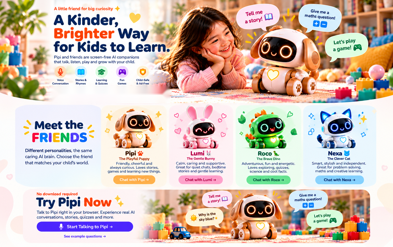 Pipi, a child and Pipi's AI friends in a colorful learning environment